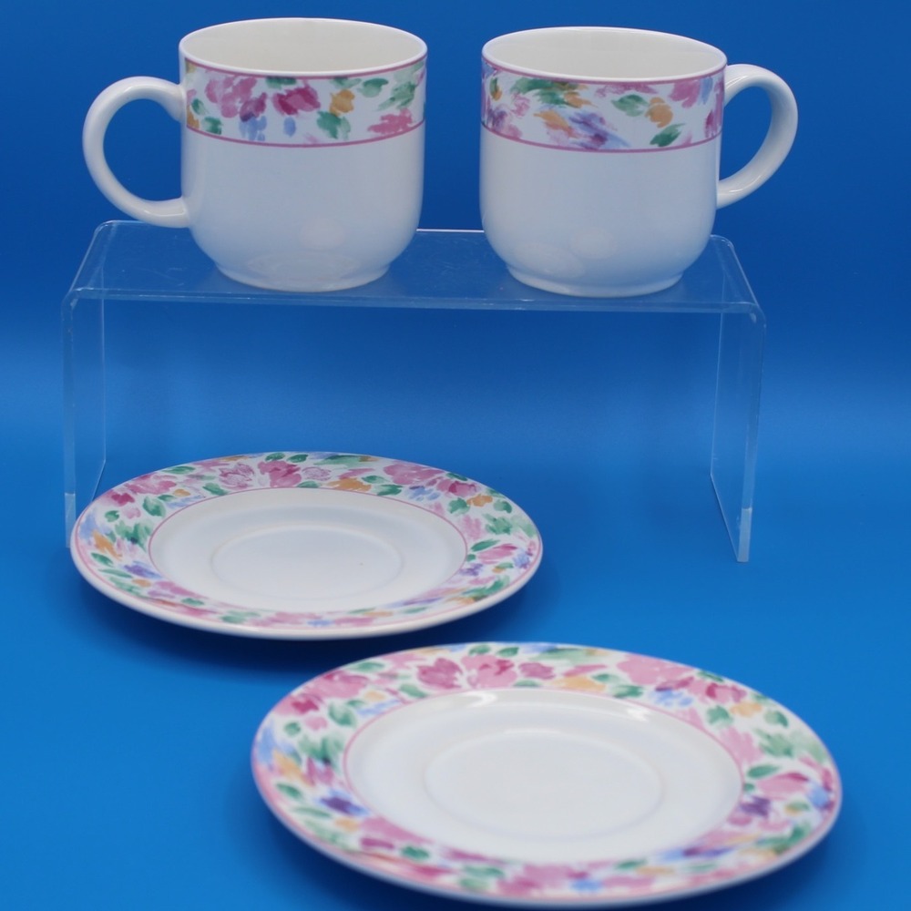 Vitromaster Bali Stoneware Coffee Cup and Saucer Set‎ of 2 Vintage 1990 Floral